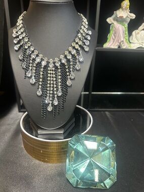 Elegant Black Crystal Fringe Necklace - Unbranded